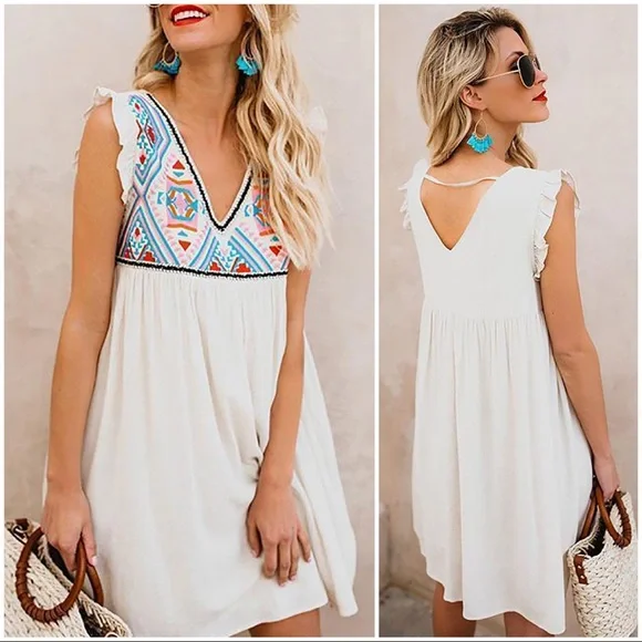 Neon Aztec Mini Dress-Wht - Picture 2 of 2